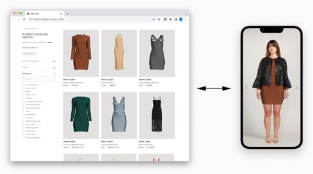 website e-commerce list view and mobile with virtual dressing room 