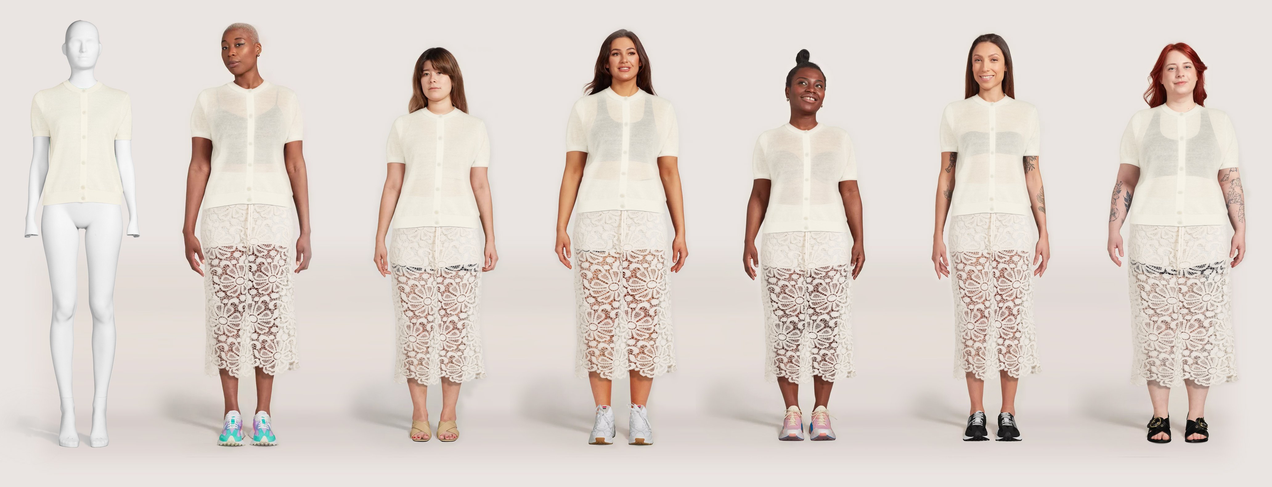 One mannequin and six real customers wearing white/cream top in multiple sizes